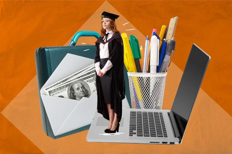 Collage of a college graduate standing on an open laptop with money, a suitcase and multiple pens in the background
