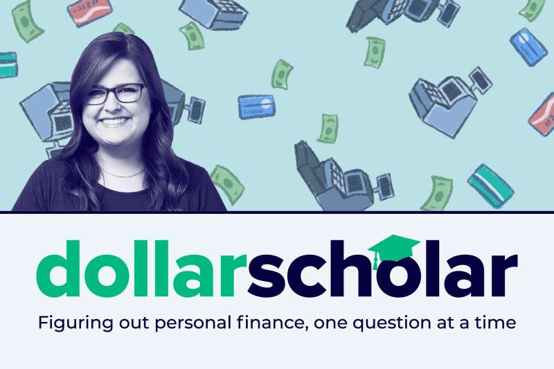 Dollar Scholar banner featuring cashiers and credit cards