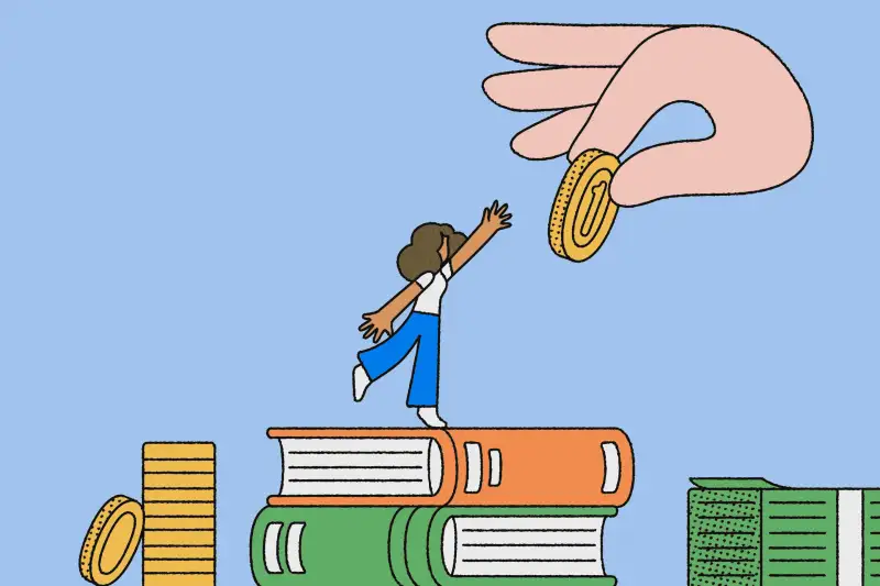 Illustration of a woman standing on top of two big books reaching out to grab a coin in someone's hand