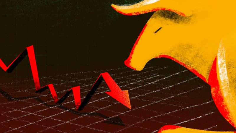 Illustration of a bull facing off a negative stock market arrow graph