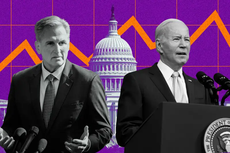 Photo collage of Joe Biden and Kevin McCarthy with the U.S. Capitol building in the background with a stock line