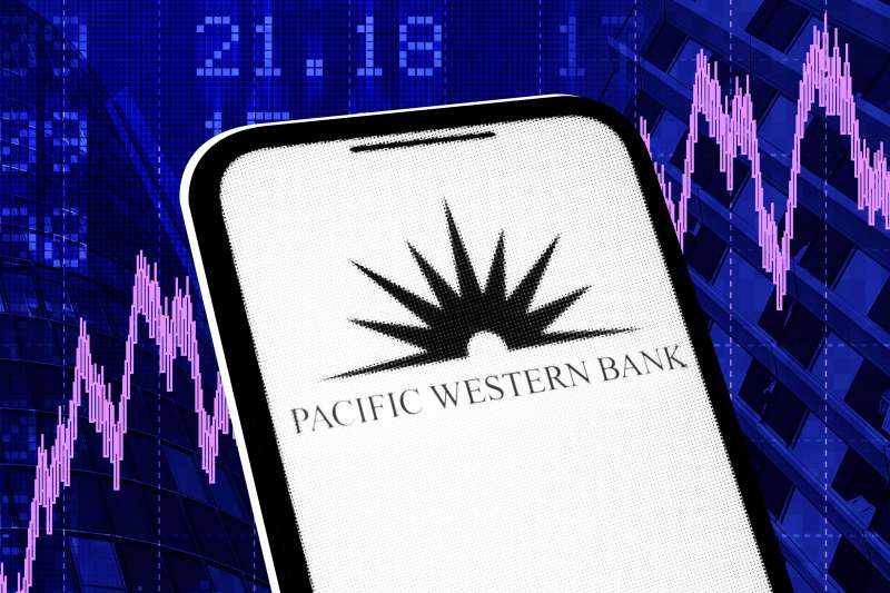 Collage of a smartphone with the Pacific Western Bank and stock charts in the background