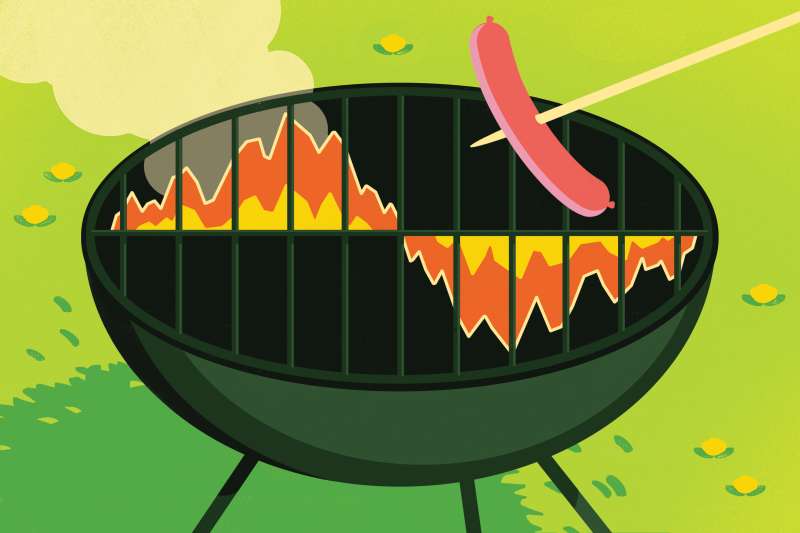 Illustration of a hot dog sausage on a grill, where the fire is shaped like stock charts