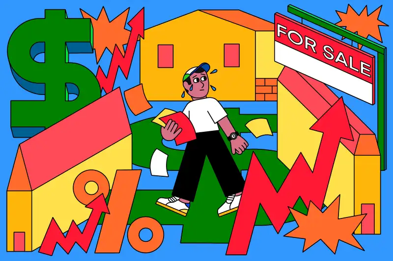Illustration of an anguished person looking at a for sale sign on a house surrounded by percentage signs and upward arrows