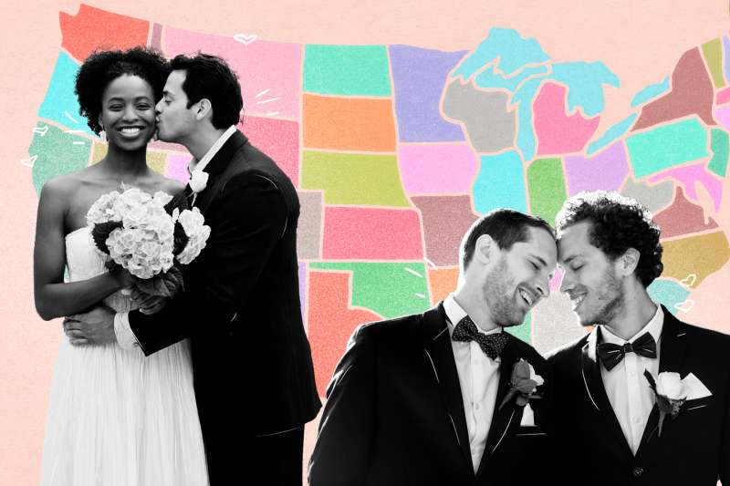 Photo collage of a bride and a groom sharing a kiss, next to two grooms smiling on their wedding day, with a United States map in the background