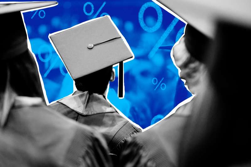 Photo Collage of a graduate student wearing a cap an gown from behind with percentage signs in the background