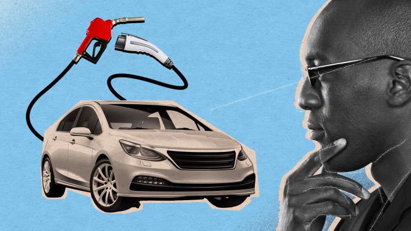 photo collage illustration of a man deciding on buying an EV or a hybrid