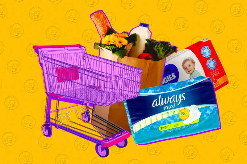 Collage of Grocery items: Period pad, diapers, shopping cart, and Grocery bag