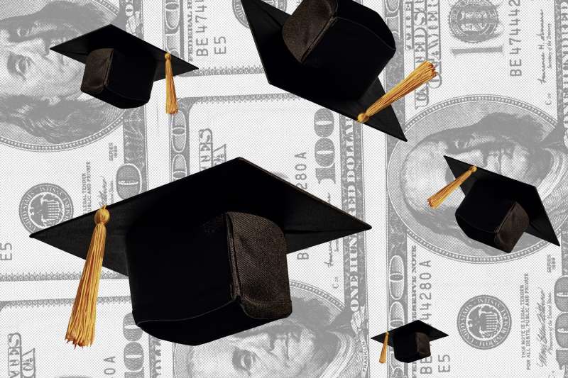 Photo collage of multiple graduation hats in the air with hundred dollar bills in the background