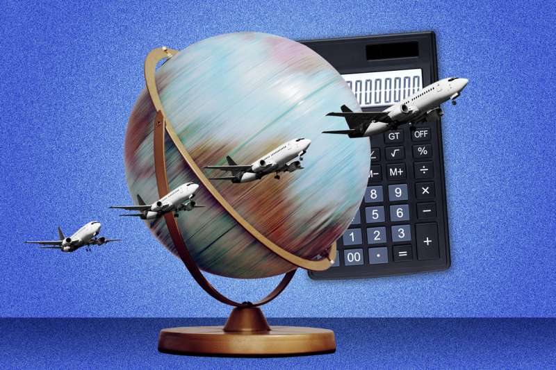 Photo Collage of a spinning world globe, with a sequence of an airplane ascending and a calculator in the background