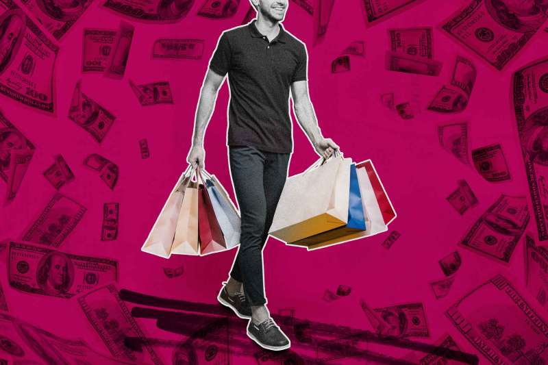 Full length body size view of man carrying new things clothing packages isolated over bright vivid shine vibrant magenta color background with dollar bills floating around