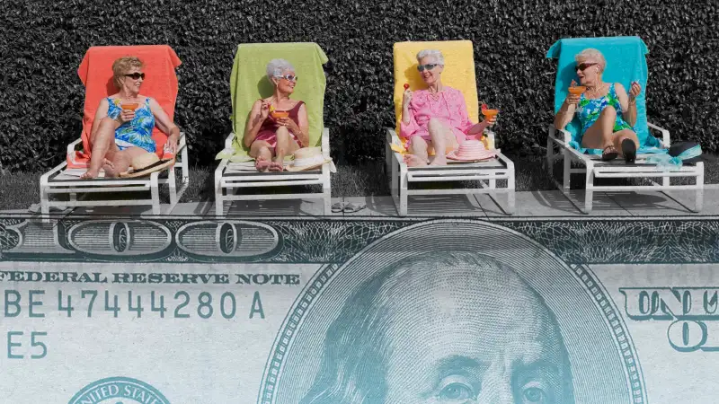 Retirees lounging poolside with a dollar bill superimposed on top