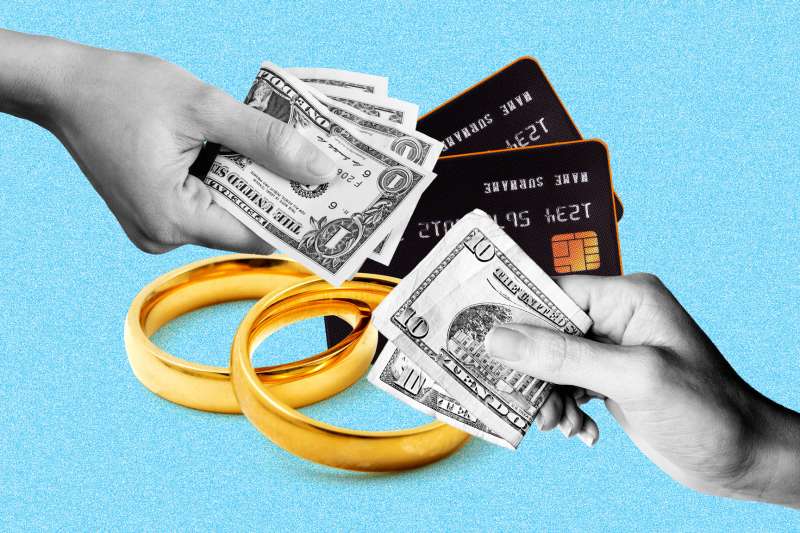 Collage of two hands holding cash, with golden wedding rings and two credit cards in the background.
