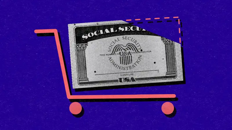 Illustration of a social security card as a shopping cart losing it's value