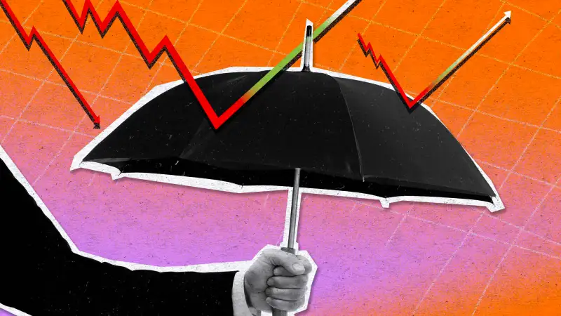 Illustration collage of an umbrella and stock graphs