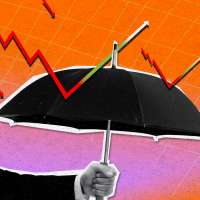 Illustration collage of an umbrella and stock graphs