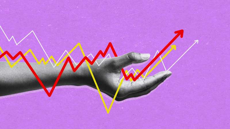 illustration collage of a hand holding many stock graphs