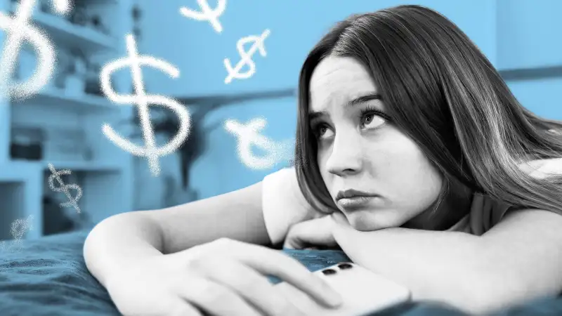 Photo illustration of a worried teen thinking about money