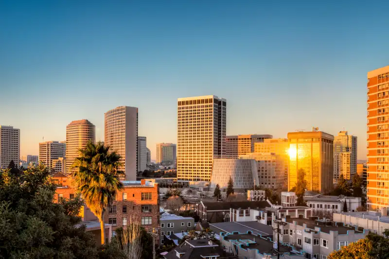 Skyline of Oakland, California at sunrise