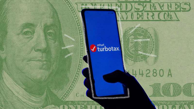 Photo illustration of a giant money bill superimposed on a hand holding a cel phone with the TurboTax app
