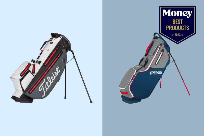 two golf bags on a two-toned blue backdrop