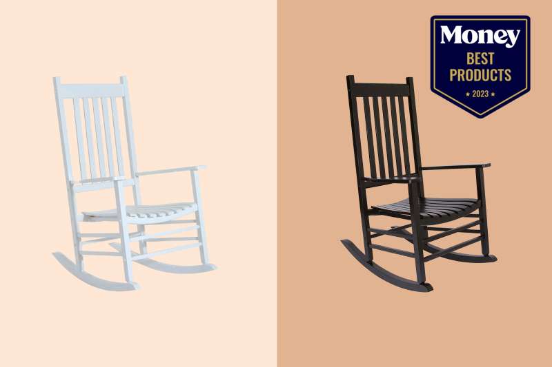 One White and One Black Outdoor Rocking Chairs on a two-tone brown background