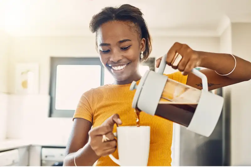 Process Of Making Pour Over Coffee Woman Hand Holding Kettle Over