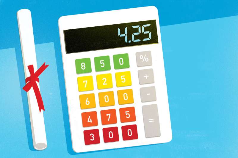 Illustration of a calculator with different credit scores, next to a graduation diploma
