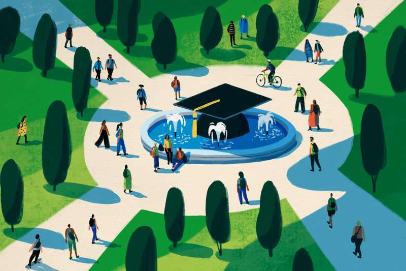 Illustration of an aerial view of a college campus with students walking around a graduation cap shaped fountain