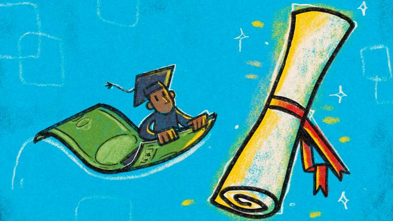 Illustration of a BA graduate reaching for a graduate diploma while propped up on a dollar bill