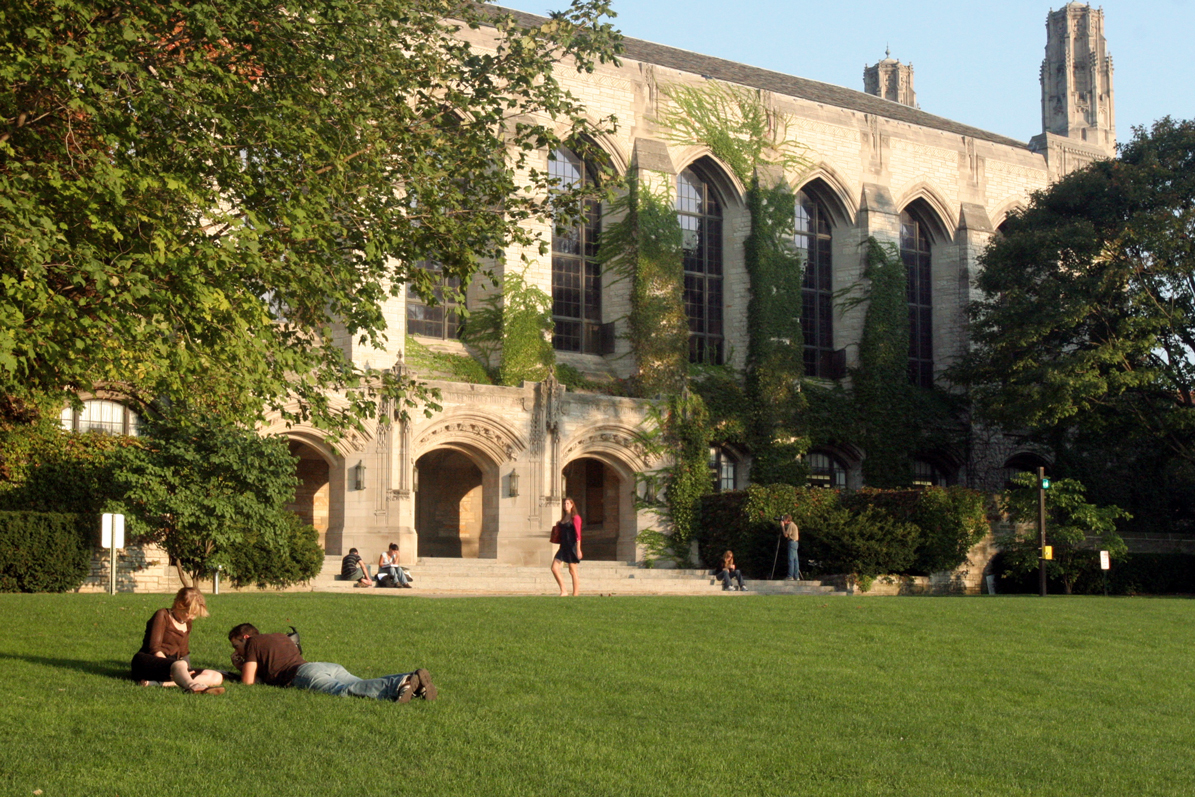 Students laying on the lawn at Northwestern University