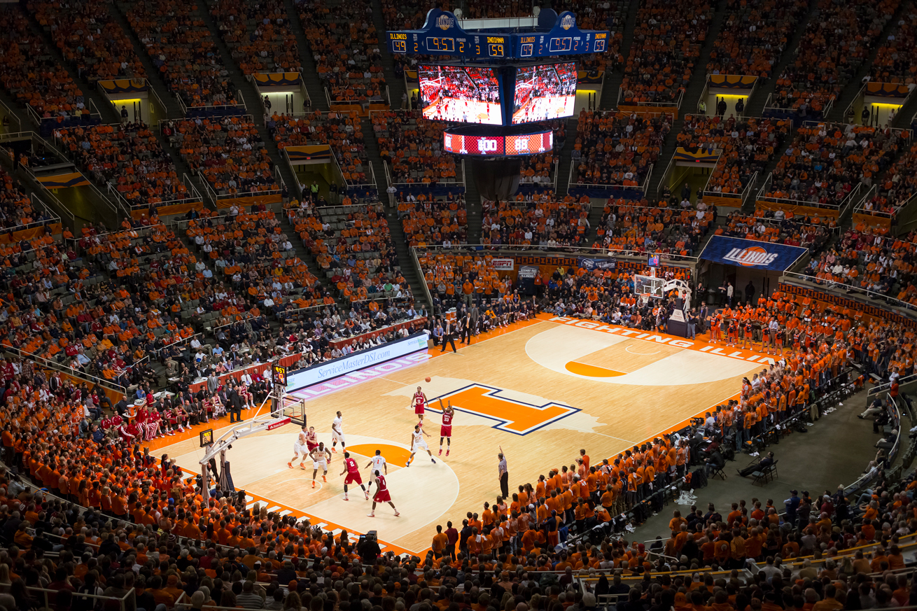 Crowded Basketball stadium during a game at The University of Illinois Urbana-Champaign