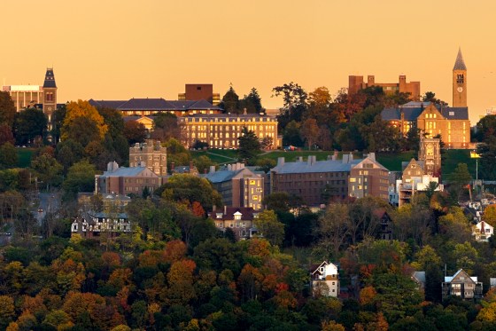 View of campus at an autumn sunset from the west hill