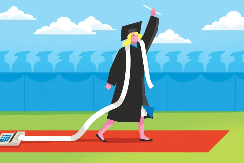 Illustration of a college graduate wearing a cap and gown where her stole is a long receipt connected to a calculator