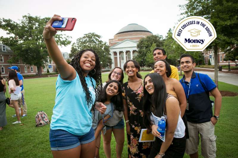 A group of students taking a selfie at the Duke University Campus