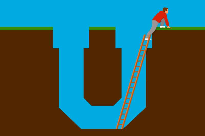 Illustration of a young man climbing out of a giant U shaped hole in the ground using a ladder
