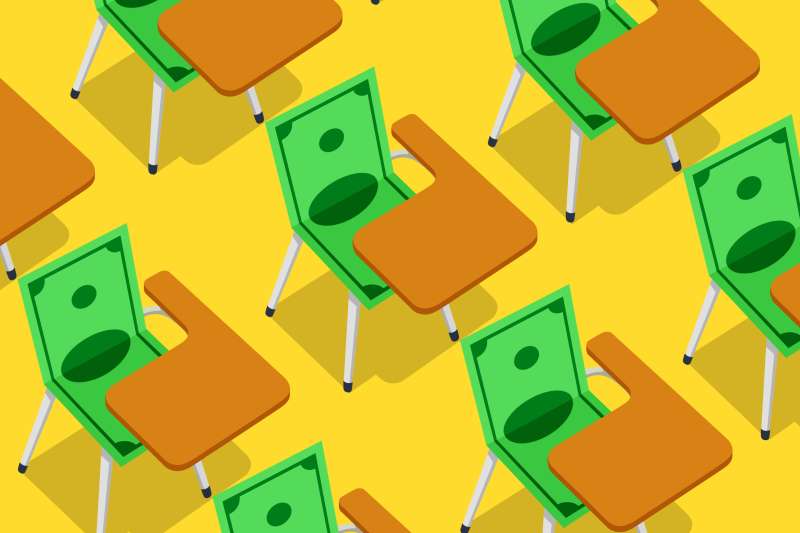 Illustration of a row of student desk, where the chairs are made of dollar bills