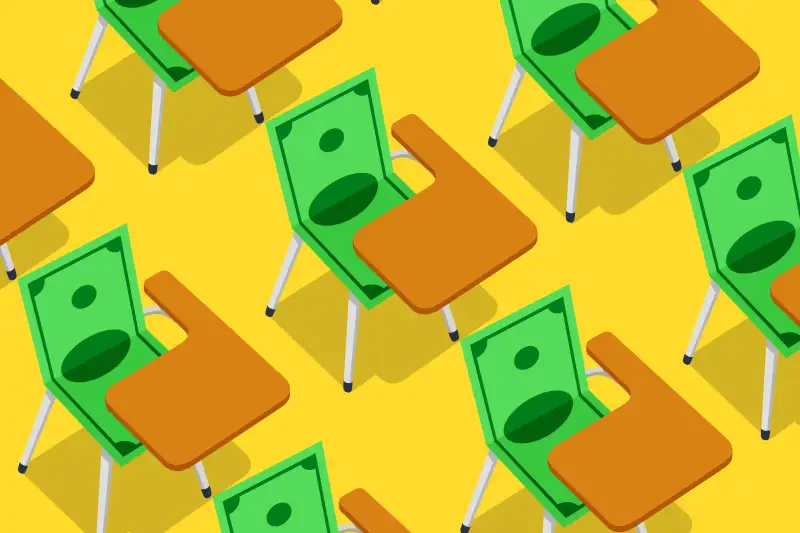 Illustration of a row of student desk, where the chairs are made of dollar bills