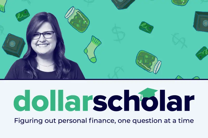 Dollar Scholar banner featuring various objects