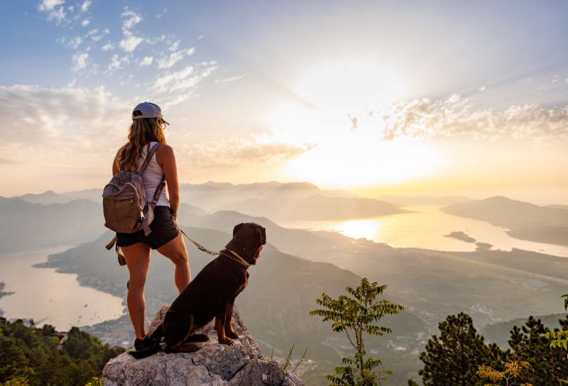 Woman and her dog at the top of a cliff looking at a sunset view