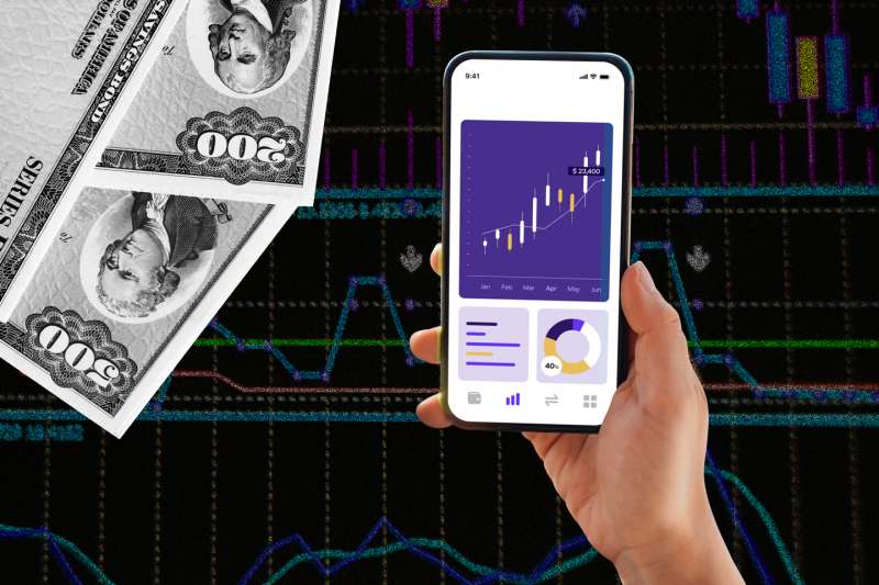 Photo collage of a hand holding a smartphone showing an investing portfolio with a stock chart in the background and two U.S. Savings Bonds