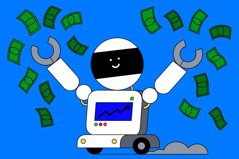 Illustration of a robot throwing dollar bills in the air