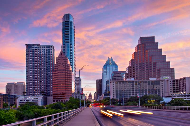 Congress Avenue Bridge during sunset in Austin, Texas.