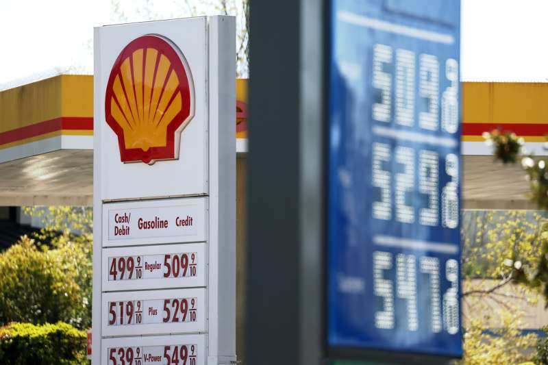 Gas prices over $5.00 a gallon are displayed at a gas station on April 12, 2023 in San Rafael, California