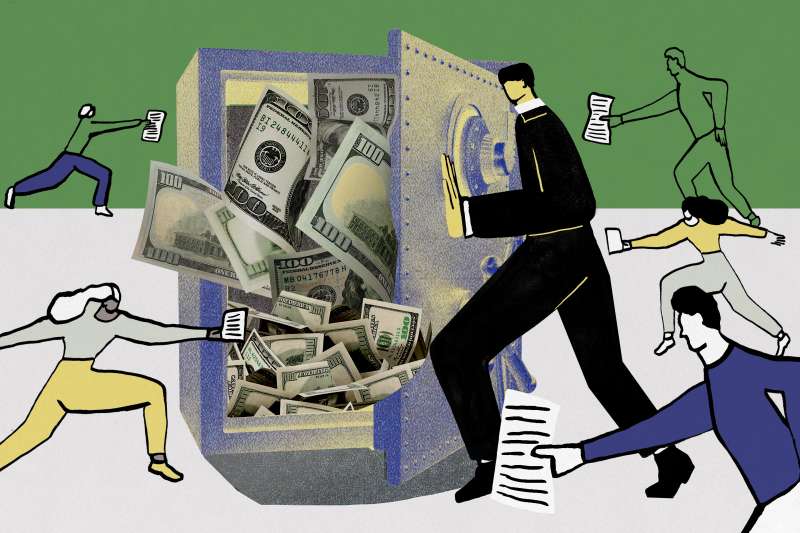 Photo Illustration of a Person closing a safe filled with dollar bills while people are coming in from different sides holding a piece of paper