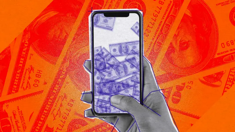 photo illustration of a hand holding a cel phone full of cash