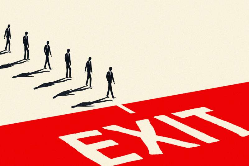 Illustration of a row of men in suits walking towards a big Exit sign