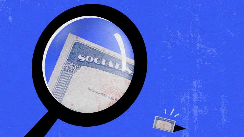Illustration of a magnifying glass trying to look at an ever shrinking social security card