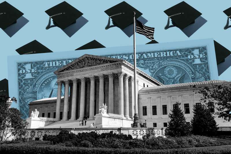 Photo Collage of The U.S. Supreme Court Building with a dollar bill and graduation caps in the background