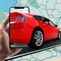 Photo Collage of a hand holding a smartphone where a red car is driving out of into a road, with a U.S. Map in the background
